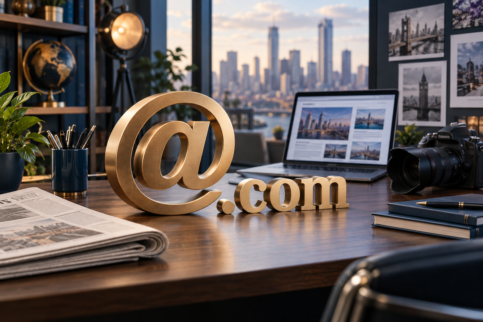 A modern publishing workspace featuring the symbols at and dot com